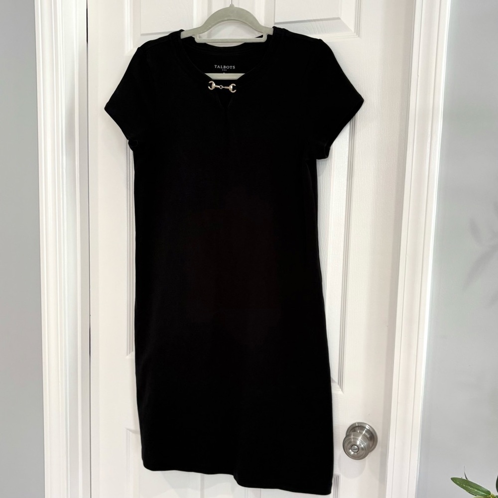 Talbots Black Short-Sleeve Classic Knit Dress Gold Hardware Women M 100% Cotton - Picture 4 of 11